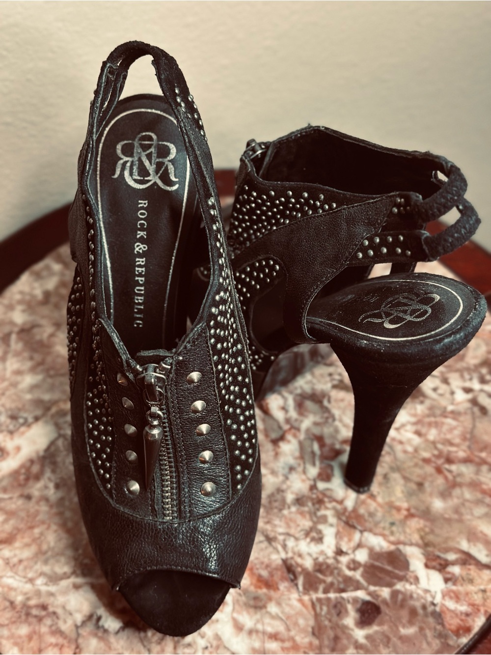 Rock & Republic Black Studded Peep-Toe High Heel Sandals